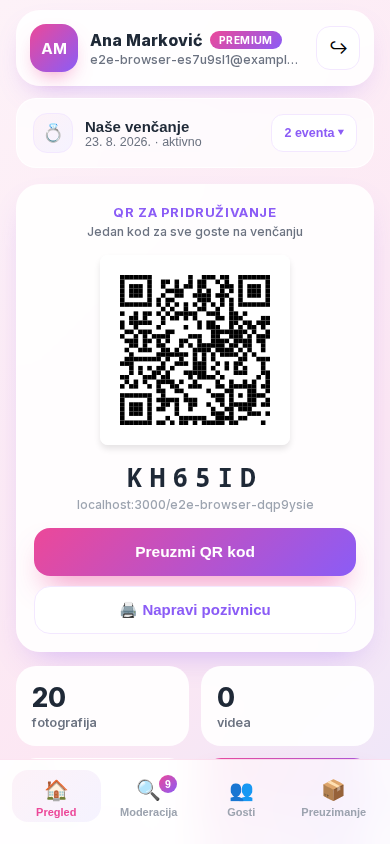 Galerija venčanja uživo — QR kod i fotografije gostiju u realnom vremenu